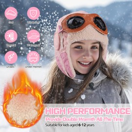 AYPOW Kids Winter Thermal Fleece Hat Bomber Hats with Detachable Goggles 6-12 Years, Windproof Adjustable Outdoor Skiing Hiking Cycling Warm Hat Cap Beanie Hat for Boys and Girls, Winter Hat Outdoor
