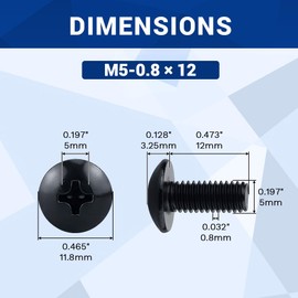 M5-0.8 x 12mm Truss Head Machine Screws 100 Pcs, Stainless Steel 304 (18-8), Black Oxide Coated, Phillips Drive, Fayeploo (with Phillips Bit)
