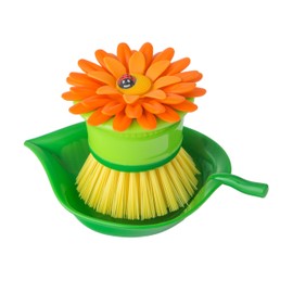 Vigar Flower Palm Dish Scrub Brush with Holder, Perfect Kitchen Brushes for Dishes, Sink Brush and Cleaning Brushes for Household Use, Orange, Green