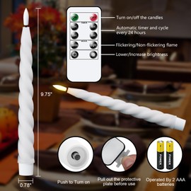 Eldnacele Flameless Flickering Taper Candles with Remote and Timer, Battery Operated Spiral Window Real Wax Candles White LED Candlesticks for Dinner Home Indoor Holiday Decor(2pcs, D0.78×H9.75)
