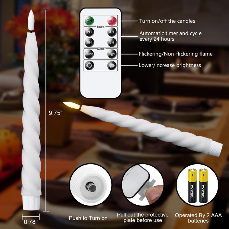 Eldnacele Flameless Flickering Taper Candles with Remote and Timer, Battery