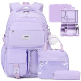 ACESAK Girls Backpack - Bento Box with Insulated Lunch Bag Pencil Case & Utensils Set for Kids, 6 Leakproof Compartments Removable Tray Lunches or Snack Container for School (Purple)