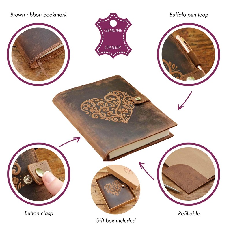 Embossed Heart Genuine Buffalo Leather Refillable Journal - Handcrafted Notebook