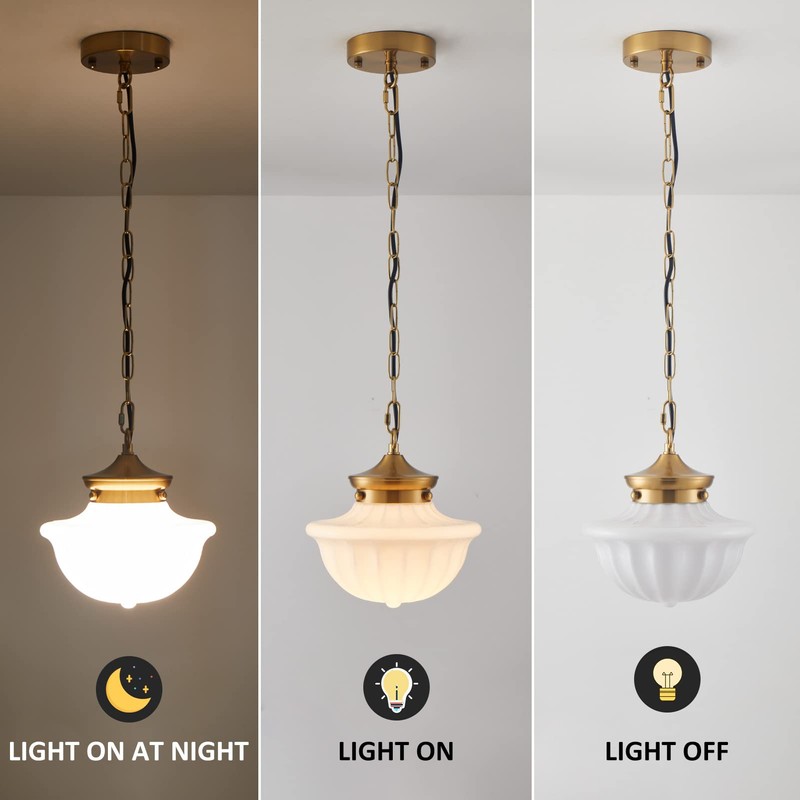 youngrender Schoolhouse Pendant Fixtures, 9" Brass Gold Milk Glass Pendant