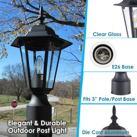 GRUENLICH Outdoor Post Lighting Fixture Pole Lantern, E26 Medium Base Max 60W, Aluminum Housing Plus Glass, Bulb Not Included, Black Finish, 2 Pack
