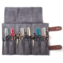 Salon Scissors Bag Roll Up, 12 Pockets Genuine Leather Stylist Grooming Scissors Holder Barber Hair Scissor Shears Cases for Hairdressers (HJ-ZP011-Grey)