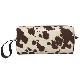JKJOJIA Cow Print Vintage Brown Makeup Bag Organizer Small Cosmetic Bags Portable Travel Toiletry Bag With Handle Simple Accessories Storage Zipper Pouch For Women Girl