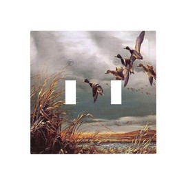 Rustic 2 Gang Double Toggle Light Switch Cover Wild Ducks Decorative Faceplate Electrical Wall Plate Hunting Flying Theme Standard Size for Home Bathroom Kitchen Office Decor
