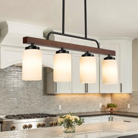 Farmhouse Dining Room Light Fixture Over Table, Black 4-Light Wood Kitchen Island Lighting with Milk White Glass, Industrial Linear Chandelier Pendant Lights