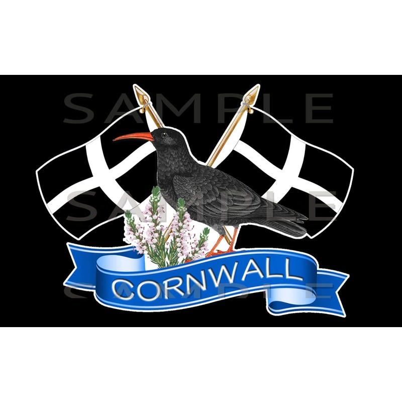 Cornwall, Cornish Chough, Crossed Flag Sticker, Truck, Car, Motorhome, Van,