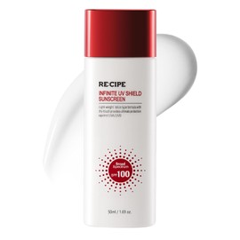 RE:CIPE Infinite UV Shield Protector solar – Protector solar facial revitalizante e hidratante con SPF 100 de amplio espectro – Loción seca ligera sin fundición blanca para todo tipo de piel – Cuidado de la piel coreano 1.69 onzas