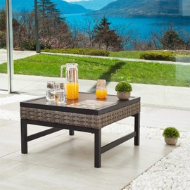 PatioFestival Wicker Table Patio Side Tables Rattan PE Furniture Outdoor Brown Metal Square End Tea Table for Garden Deck Pool