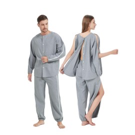 Aylashine Bedridden Patient Nursing Pajamas, Two Ways to wear, Front and Back Cotton, Breathable, Sweat-Wicking and Comfortable, Unisex, Zipper Closure,Gray XXXL