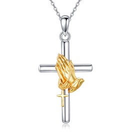 VENACOLY Cross Necklace for Men Women 925 Sterling Silver Praying Hands with Cross Pendant Necklace Religious Christian Serenity Prayer Necklace Jewellery Gifts for Men Women, Sterling Silver, No