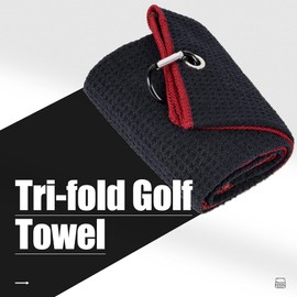 Golf Towel | Tri-fold Waffle Towels | Premium Microfiber Fabric | wiith Heavy Duty Carabiner Clip (Black(red Edge))