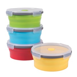 Recipientes plegables de almacenamiento de alimentos con tapa hermética, apilables de silicona para cocina, juego de recipientes plegables para preparación de comidas para sobrantes, microondas, congelador, lavaplatos, 4 colores redondos, juego de 4, 27 