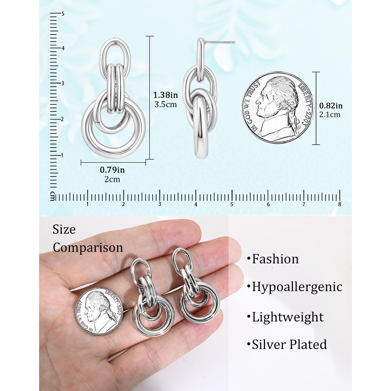 Elaximn Hypoallergenic Chunky Knot Drop Earrings for Women, Silver Geometric