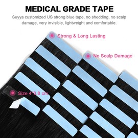 SUYYA Tape-In Real Hair Extensions, Invisible Tape-In Extensions, Real Hair, Silky Straight, Remy Tape Hair Extensions, Real Human Hair, 28 Inches / 70 cm, 20 Pieces, 60 g, #1 Deep Black