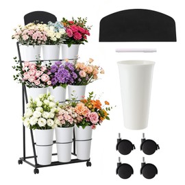 Bloom Bar Flower Cart Flower Bar Stand Flower Cart with Wheels | Made of metal, featuring a three-tier design, comes with 9 vases, lockable casters, a dry-erase board, and a marker pen