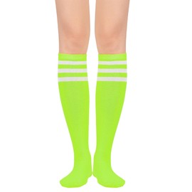 Century Star Knee High Striped Socks for Women - Long Thin Tube Sports Thigh High Socks Tall Stockings 1 Pack Neon Green White