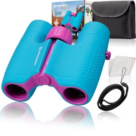 Bresser Junior Binoculars for Children 6 x 21 with Robust Rubber-Coated Binoculars Body and Middle Drive Focusing Including Belt Bag and Carry Strap, Blue/Purple