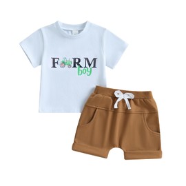 Kupretty Baby Boy Clothes Toddler Summer Funny Letter Graphic T-Shirt Shirts + Pockets Shorts Set Vintage Farm Outfit (Farm Boy White, 12-18 Months)