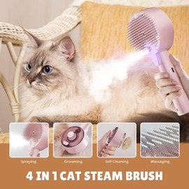 Cat Brush with Steam, 4-in-1 Steam Brush, Cat Brush with Water, Clean Pet Hair from the Brush with One Button, Cat Brush, Hair Brushes for Dogs and Cats (Pink)