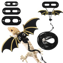 Bearded Dragon Leash and Harness Set, Adjustable Bearded Dragon Harness with 3 Size(S, M, L), Soft Lizard Reptile Leash with Gold Black Wing for BeardedDragon Lizard Reptiles