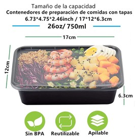 Contenedores para Alimentos Reutilizables (25 Piezas) Tipo Bento Box, 26oz 1 Compartment Meal Prep Containers with Lids - Bento Box - Durable BPA Free Plastic Reusable Food Storage Containers - Stackable, Reusable, Microwaveable & Dishwasher Safe