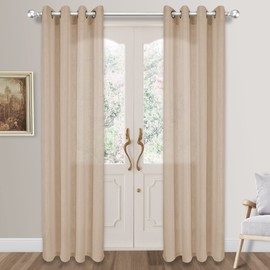 VOILYBIRD Palma Linen Textured Semi Sheer Curtains for Living Room 96 Inches Long Draperies Curtains Bronze Grommet (52''W x 96''L, 2 Panels, Tan)