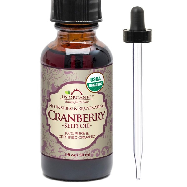 US Organic Cranberry Seed Oil, USDA Certified Organic,100% Pure & Natural, Cold Pressed Virgin, Unrefined in Amber Glass Bottle w/Glass Eyedropper for Easy Application (1 oz (30 ml))