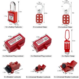 SAFBY 3 Sets Lockout Tagout Kit Electrical Loto - Clamp-On Circuit Breaker Lockout, Group Lock Out Hasps, tag Out Tag, Universal Multi- Pole Breaker for Kits Station