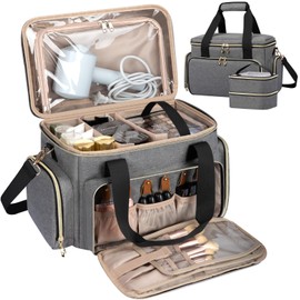 Large Makeup Bag, Portable Travel Makeup Bag Organizer for Women Girls with 2 Removable Pouches & Detachable Dividers, Cosmetic Travel Bag, Toiletry Bag for Makeup and Hair Supplies Grey