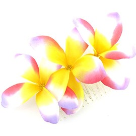 Triple Multicolored Plumeria Silk Flower Hair Comb