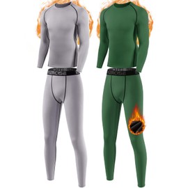 ATTIQOZI Youth Boys Thermal Underwear Set Compression Fleece Lined Leggings with Athletic Shirts Base Layer Football Undershirt 1,2 Pack Gray/Deep Green S