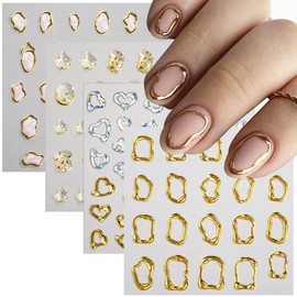 5D Gold Embossed Nail Art Stickers Crystal Soft Glue Irregular Geometric Frames Nail Stickers Sliver Hollow Designs Self Adhesive Nail Decals for Women DIY Acrylic Nail Accessories