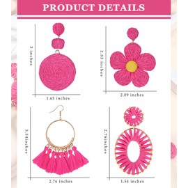 Suprsparkle 4Pcs Statement Earrings for Women Hot Pink Earrings Colorful Raffia Rattan Earrings Handmade Boho Tassel Drop Earrings for Summer Beach Dangle Earrings Pink