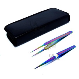 SET OF 2 Stainless Steel Multi Titanium Rainbow Color 3D Eyelash Extension Tweezers A type Straight + X type Self retracting Straight Fine Point (A2Z)