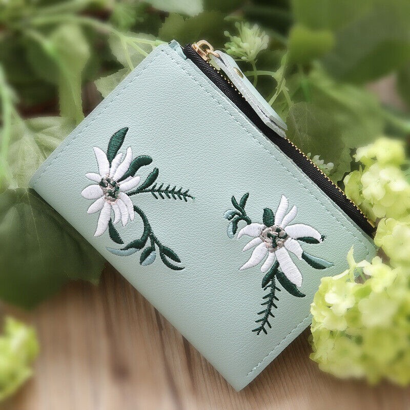 Unbranded Womens Leather Wallet Flower Embroidery Coin Purse Short Zipper