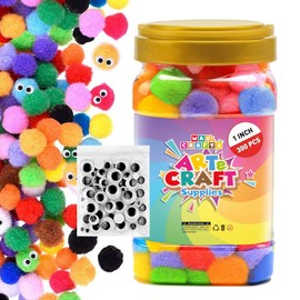 WAU CRAFTS 400 Pcs - 1 inch 300pcs Multicolored Large Pom Poms Arts and Crafts with 100 Googly Eyes - Pompoms for Crafts & DIY Projects