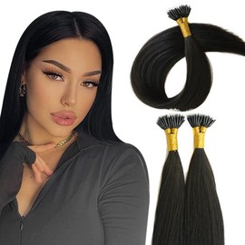 KOCONI 16 Inch Black Nano Rings Hair Extensions Real Human Hair Extensions Double Drawn Nano Ring Hair Extension Nano Tip Beads Human Hair Extensions 50g 1g/Strand #1 Jet Black