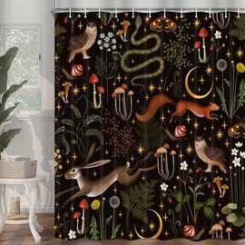 Rustic Forest Shower Curtain, Fairy Country Owl Butterfly Mushroom Hunting Woodland Wild Animals Shower Curtain, Cabin Farmhouse Lodge Bahtroom Accessories Set with Hooks 60X70IN