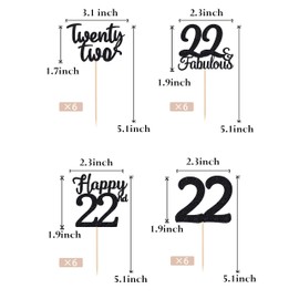 24 Pcs 22 Birthday Cupcake Toppers - BLACK Glitter, 22nd Birthday Decorations