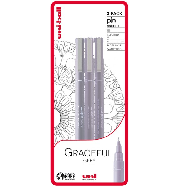 Uni-ball Graceful Grey 3 piece Uni-pin fineliner drawing pens, grey