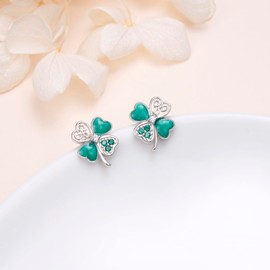 Flyow St Patricks Day Clover Earrings for Women 925 Sterling Silver Four Leaf Clover Earrings Lucky Irish Celtic Clover Jewellery Gifts, Sterling Silver, Cubic Zirconia