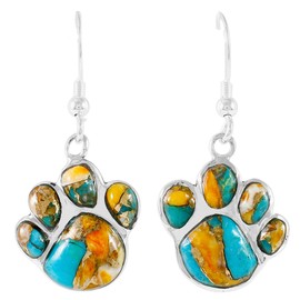 Dog Paw Earrings in Sterling Silver Genuine Turquoise & Gemstones (Spiny Turquoise)
