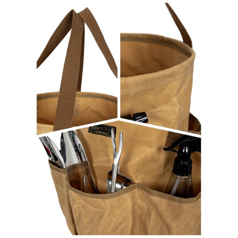Heavy-Duty 16oz Waxed Canvas Garden Tool Tote with Handle, Wide-Mouth