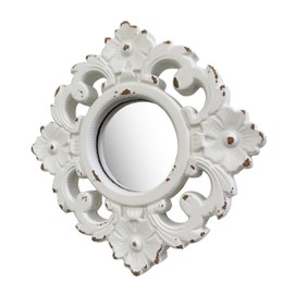Musanpou Handcarved Floral Wall Mirror Decoration, 11.8-inch Worn-Out White Country Wood Mirror, Used for Room Decoration, Home Decoration, Bedroom, Living Room, Bathroom, Kitchen