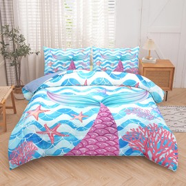 NINENINE Mermaid Tail Bedding Sets for Teens Girls, Princess Comforter Set, Blue Glitter Bedding Sets for Teens Girls,Sea Animal Kids Fish Scales Comforter Sets with 1 Comforter 2Pillowcases