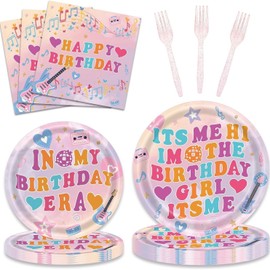 LASLU 96 Pieces Its Me Hi Im The Birthday Girl Its Me Tableware Set Music Birthday Party Supplies Happy Birthday Plates Napkins Forks for 24 Guests (colourful)